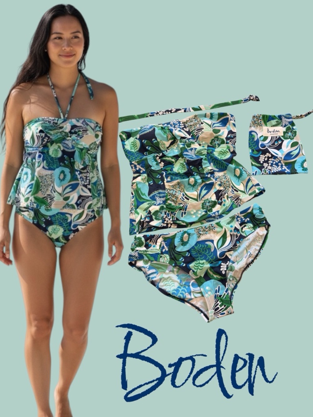 Boden Floral Bikini Set Bandeau Top High Waist Bottoms US 10 Blue Green Print